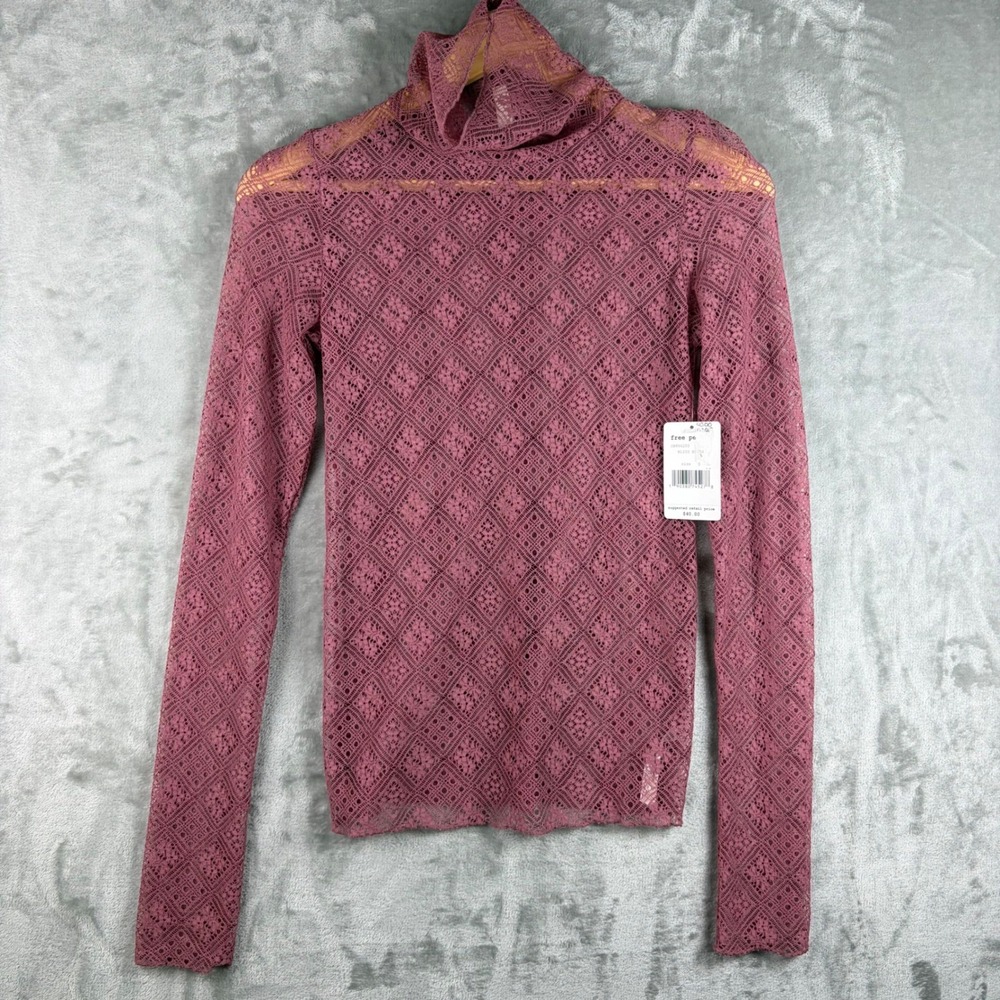 NWT Free People Womens Mesh Lace Open Knit Long Sleeve Top Pink S Festival Boho